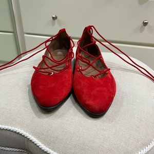 Flat lace up red suede shoe